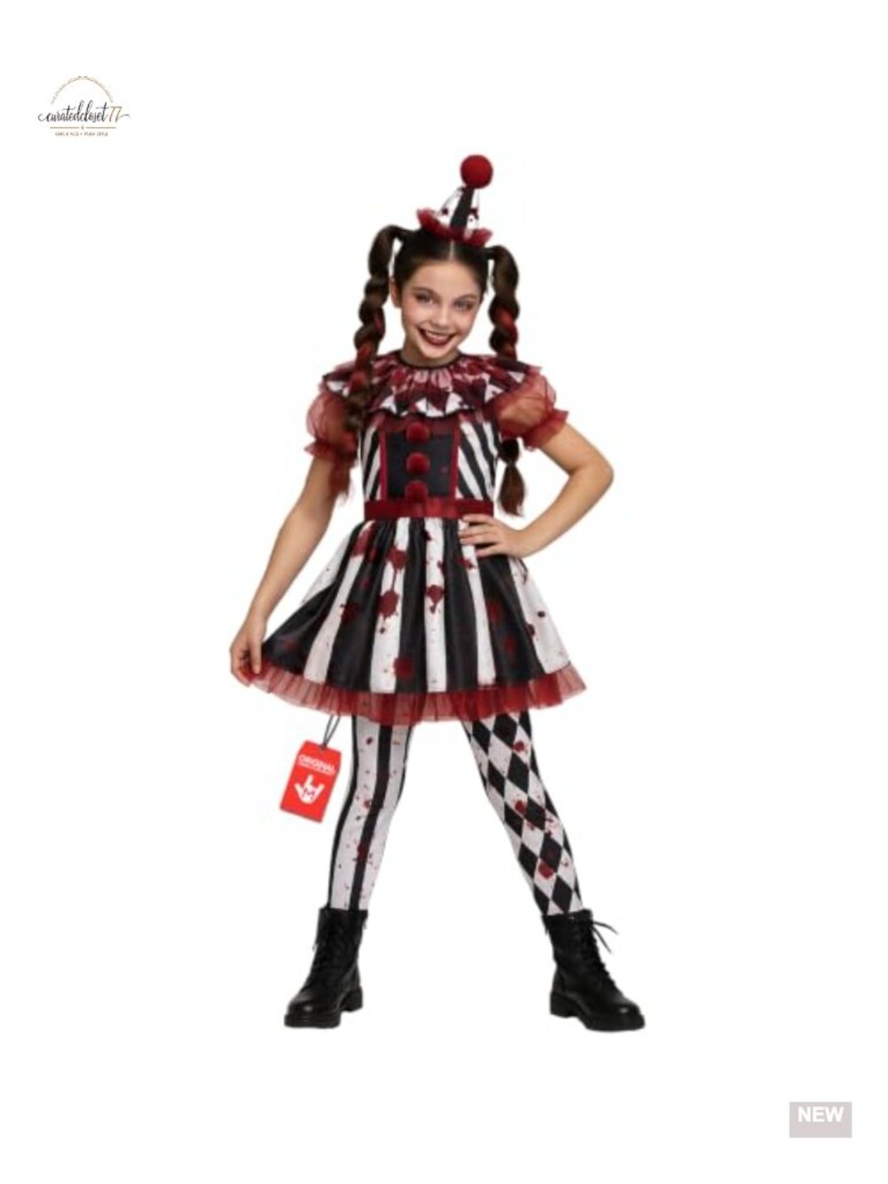 Girls Scary Clown Costume Set Dress Leggings Frill Headband Halloween